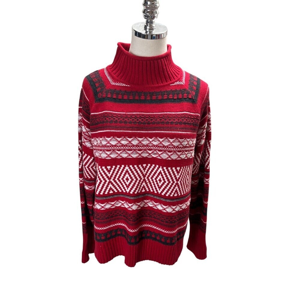 Chaps Red White Sweater Women's Size Medium Geometric Turtle Neck Cotton Blend